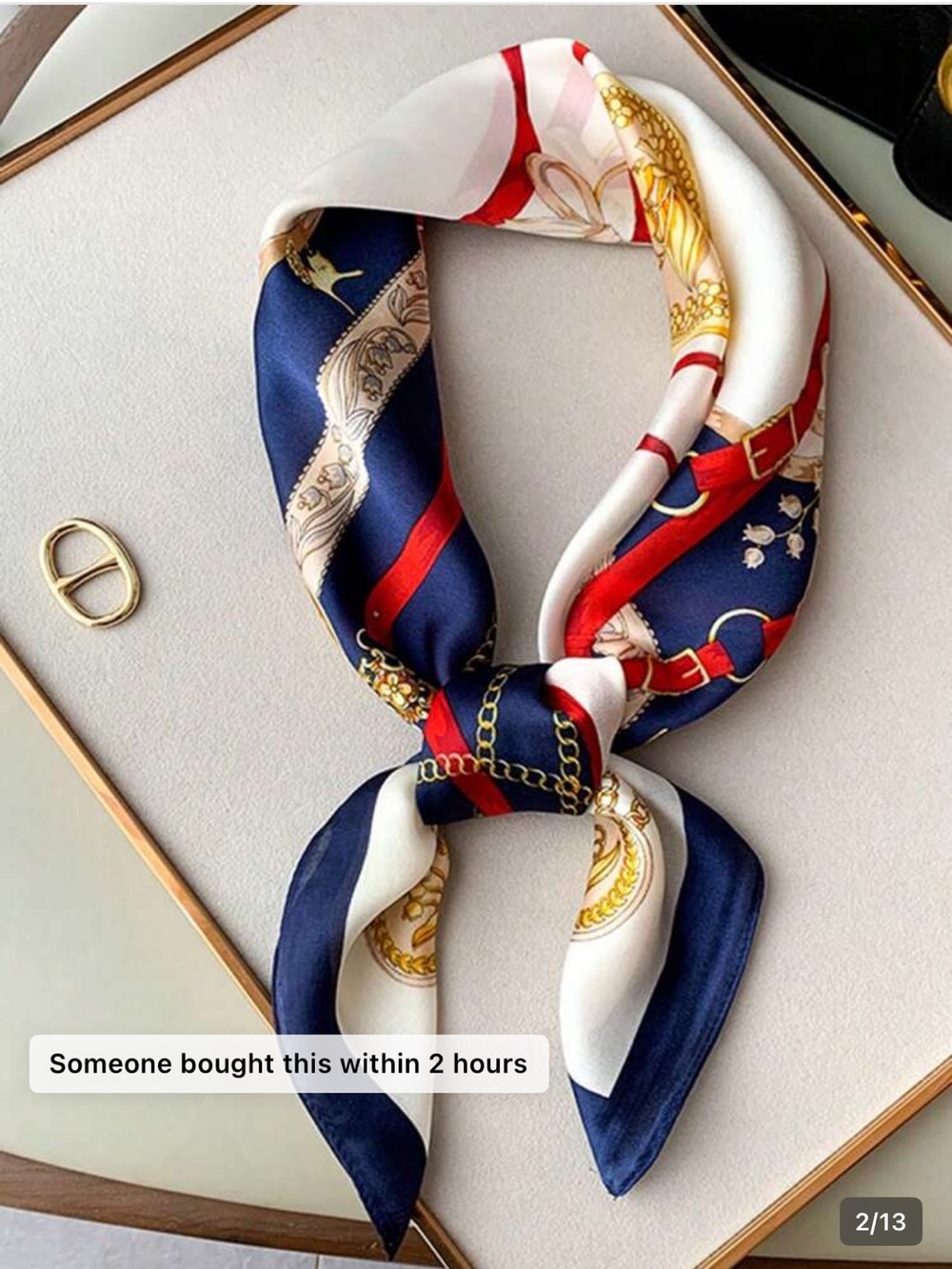 Navy, White & Red Printed Silk-Feel Neck Scarf nwt